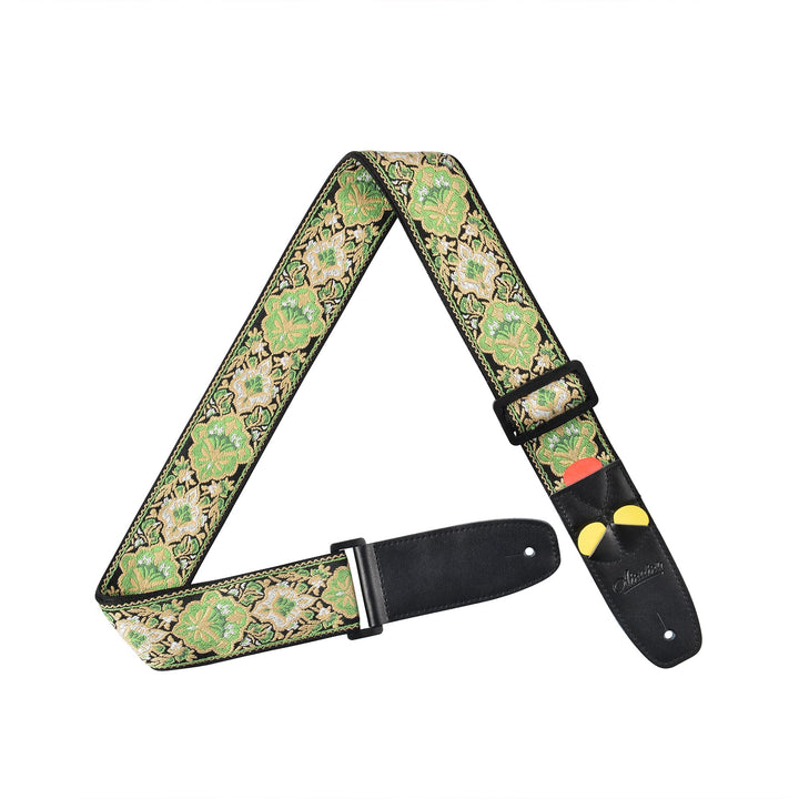 Amumu Green Vintage Jacquard Guitar Strap – Premium Leather Ends, Adjustable 36" to 63" - Ev - Entz Music