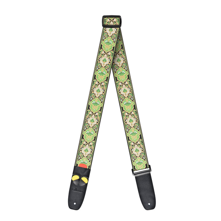 Amumu Green Vintage Jacquard Guitar Strap – Premium Leather Ends, Adjustable 36" to 63" - Ev - Entz Music