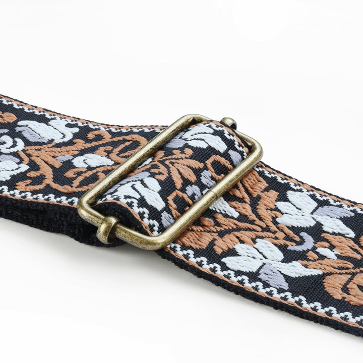 AMUMU SPH - GSB - TGBN 2" Black Brown Guitar Strap – Retro Embroidery, Soft Cotton, Leather Ends & Pick Pocket - Ev - Entz Music