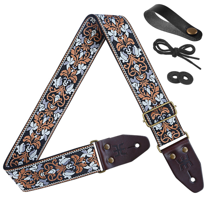 AMUMU SPH - GSB - TGBN 2" Black Brown Guitar Strap – Retro Embroidery, Soft Cotton, Leather Ends & Pick Pocket - Ev - Entz Music