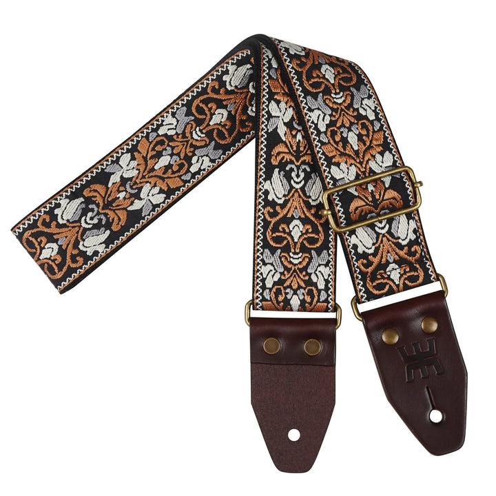 AMUMU SPH - GSB - TGBN 2" Black Brown Guitar Strap – Retro Embroidery, Soft Cotton, Leather Ends & Pick Pocket - Ev - Entz Music