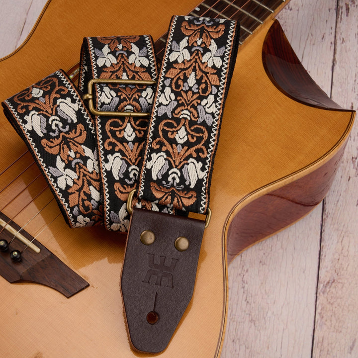 AMUMU SPH - GSB - TGBN 2" Black Brown Guitar Strap – Retro Embroidery, Soft Cotton, Leather Ends & Pick Pocket - Ev - Entz Music