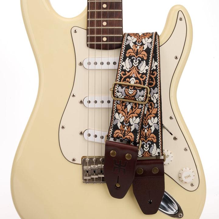 AMUMU SPH - GSB - TGBN 2" Black Brown Guitar Strap – Retro Embroidery, Soft Cotton, Leather Ends & Pick Pocket - Ev - Entz Music