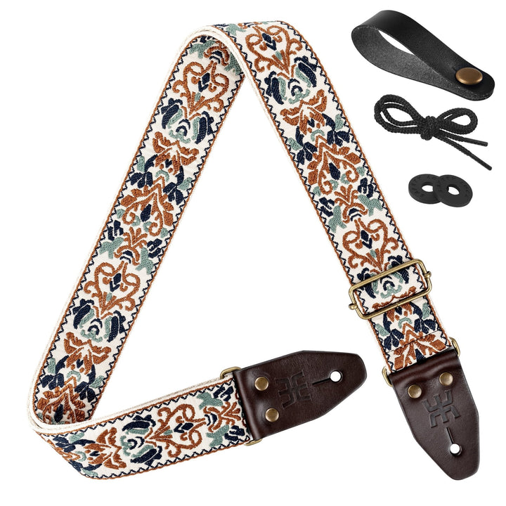 AMUMU SPH - OBG - TGBN 2" Beige Brown Guitar Strap – Retro Embroidery, Soft Cotton, Leather Ends & Pick Pocket - Ev - Entz Music
