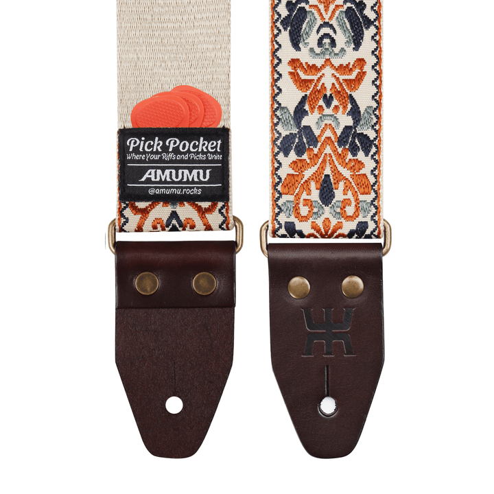 AMUMU SPH - OBG - TGBN 2" Beige Brown Guitar Strap – Retro Embroidery, Soft Cotton, Leather Ends & Pick Pocket - Ev - Entz Music