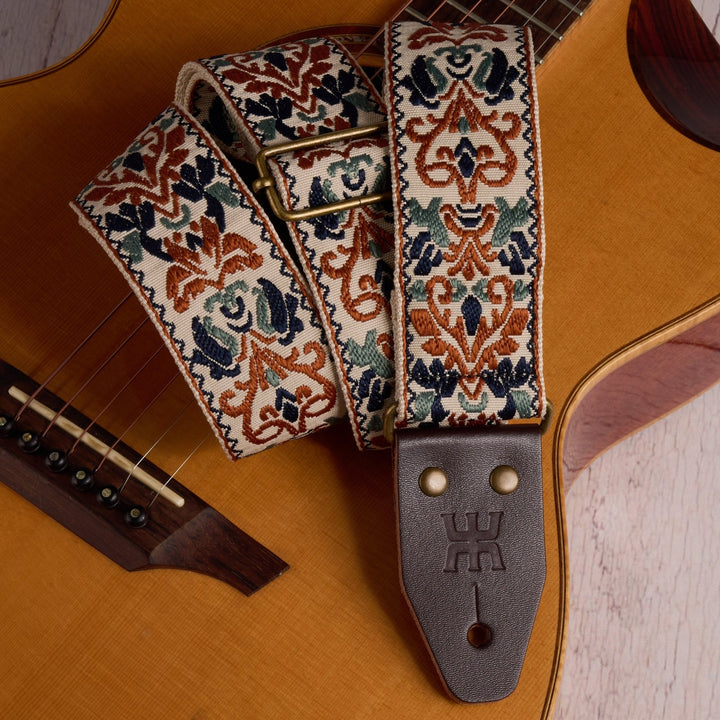 AMUMU SPH - OBG - TGBN 2" Beige Brown Guitar Strap – Retro Embroidery, Soft Cotton, Leather Ends & Pick Pocket - Ev - Entz Music