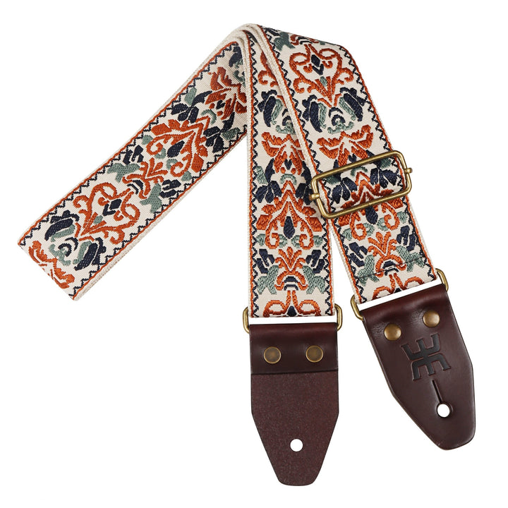 AMUMU SPH - OBG - TGBN 2" Beige Brown Guitar Strap – Retro Embroidery, Soft Cotton, Leather Ends & Pick Pocket - Ev - Entz Music