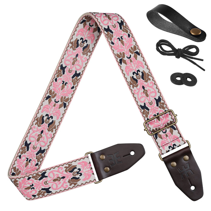 AMUMU SPH - PGB - TGBN 2" Pink Guitar Strap – Retro Embroidery, Soft Cotton, Leather Ends & Pick Pocket - Ev - Entz Music