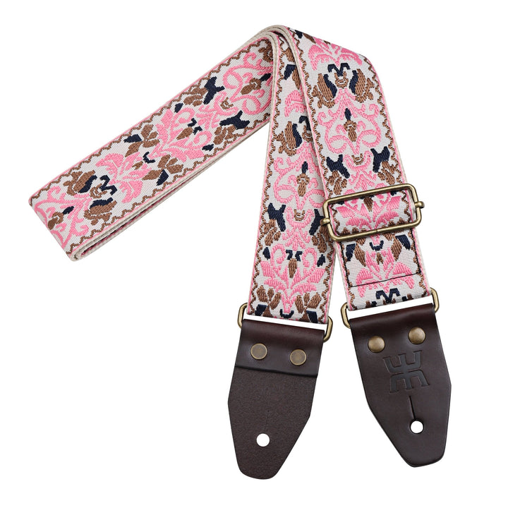AMUMU SPH - PGB - TGBN 2" Pink Guitar Strap – Retro Embroidery, Soft Cotton, Leather Ends & Pick Pocket - Ev - Entz Music