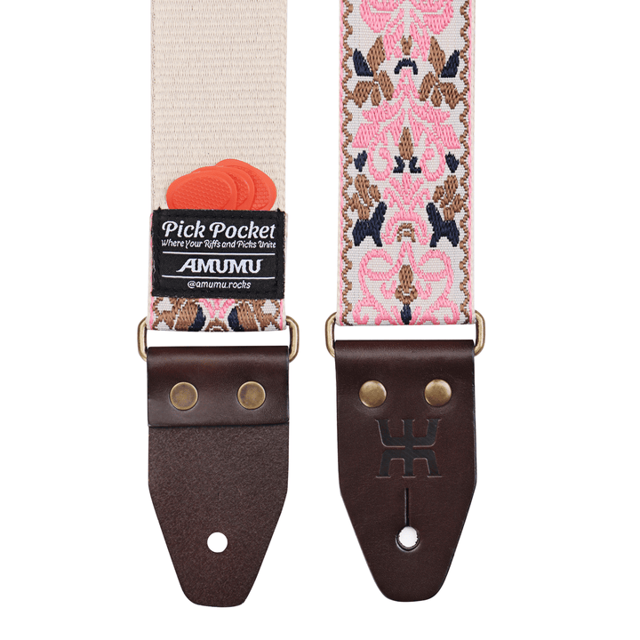 AMUMU SPH - PGB - TGBN 2" Pink Guitar Strap – Retro Embroidery, Soft Cotton, Leather Ends & Pick Pocket - Ev - Entz Music