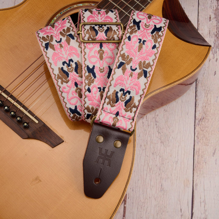 AMUMU SPH - PGB - TGBN 2" Pink Guitar Strap – Retro Embroidery, Soft Cotton, Leather Ends & Pick Pocket - Ev - Entz Music