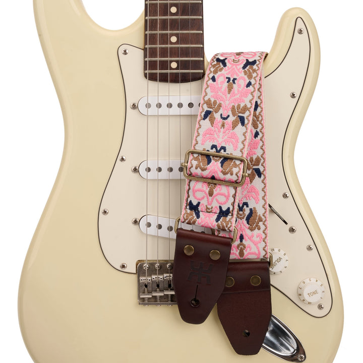 AMUMU SPH - PGB - TGBN 2" Pink Guitar Strap – Retro Embroidery, Soft Cotton, Leather Ends & Pick Pocket - Ev - Entz Music