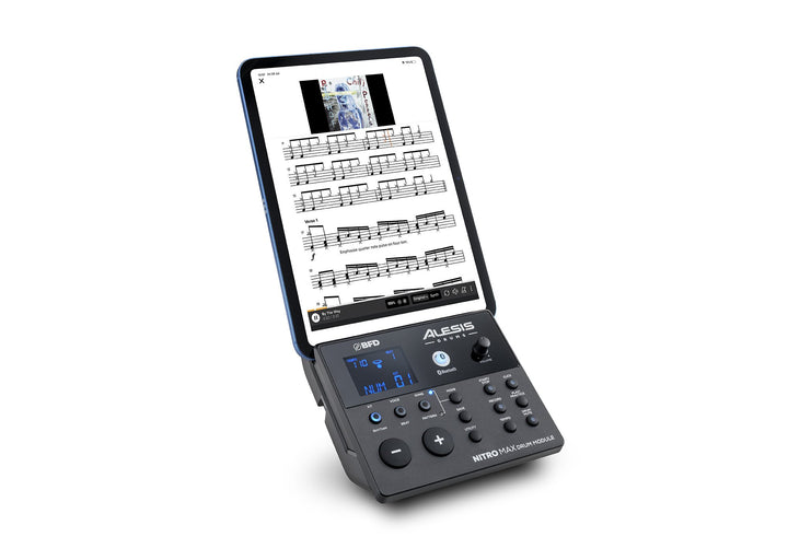 Alesis Nitro Max drum module with iPad in vertical position, side view