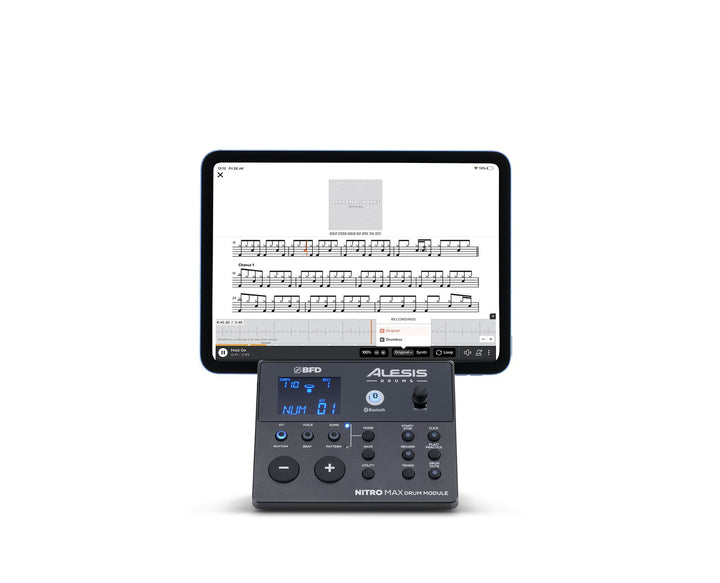 Alesis Nitro Max drum module with iPad in horizontal position