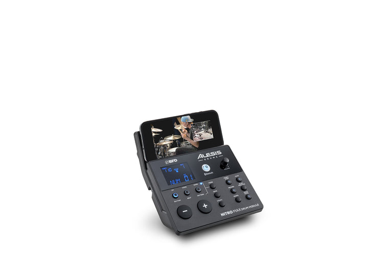 Alesis Nitro Max drum module with iPhone in horizontal position, side view