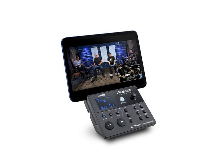  Alesis Nitro Max drum module with iPad in horizontal position, side view