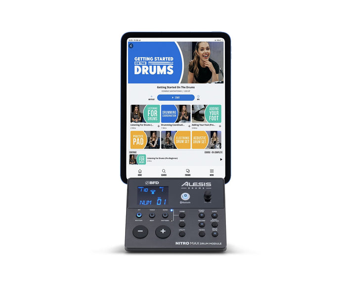 Alesis Nitro Max drum module with iPad in vertical position