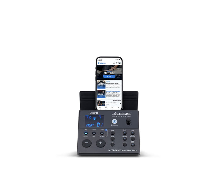 Alesis Nitro Max drum module with iPhone in vertical position