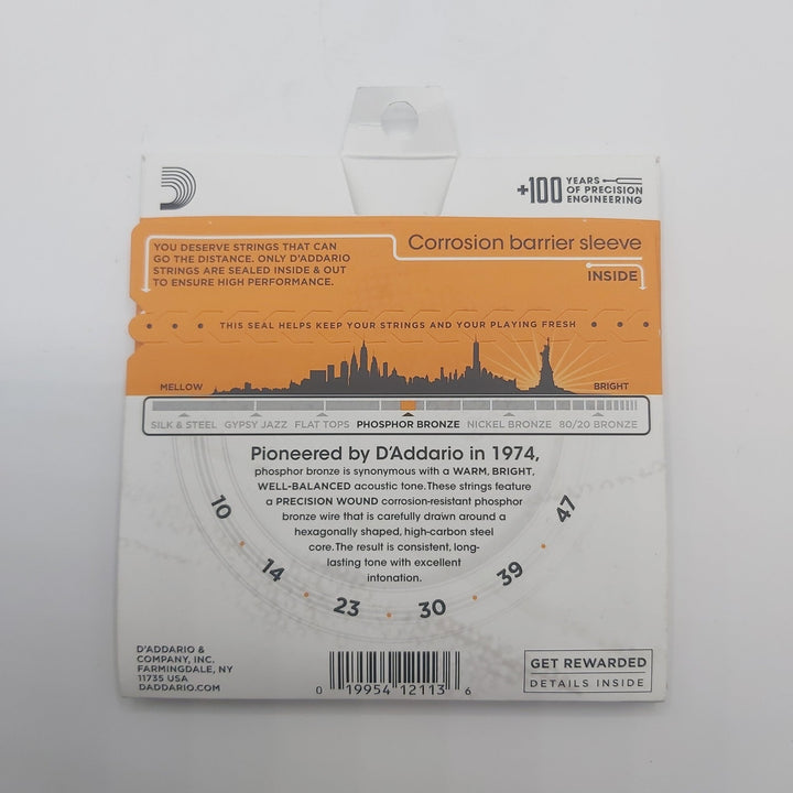 D'Addario EJ15 Phosphor Bronze Extra Light Acoustic Guitar Strings, Extra Light, 10 - 47 - Ev - Entz Music
