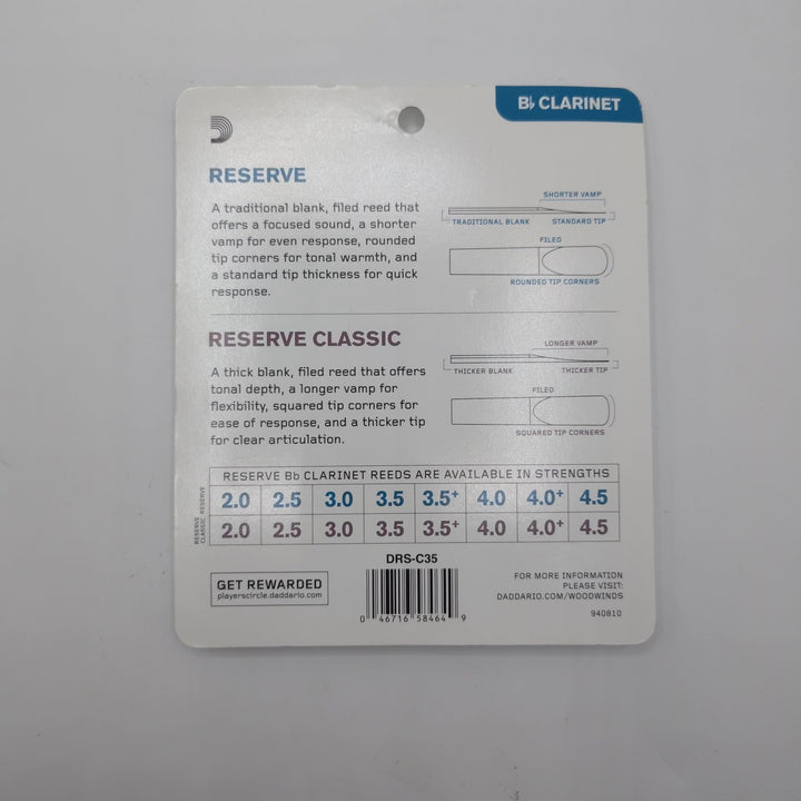 D'Addario Reserve Bb Clarinet Reed Sampler Pack 3.5/3.5+ (4 Pack) - Ev - Entz Music