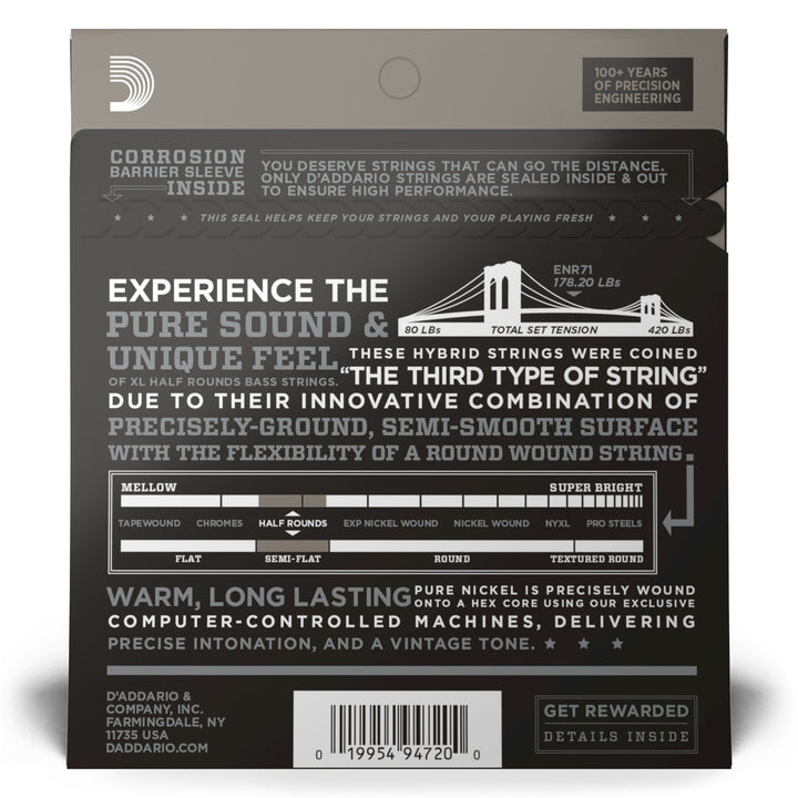 D'Addario XL Half Rounds Bass Strings 45 - 100 Regular Light, Long Scale - Smooth Feel with Full Tone - Ev - Entz Music