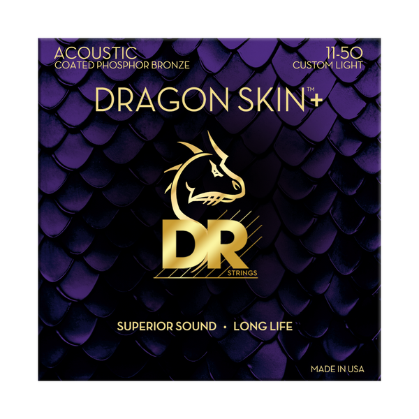 DR Strings Dragon Skin+ Acoustic Guitar Strings – Phosphor Bronze, Custom Light (11–50) – DAP11