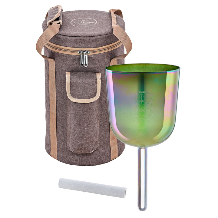 Full view of the Meinl Sonic Energy 5.75" Essence Solfeggio Crystal Singing Bowl with carrying bag and suede mallet.