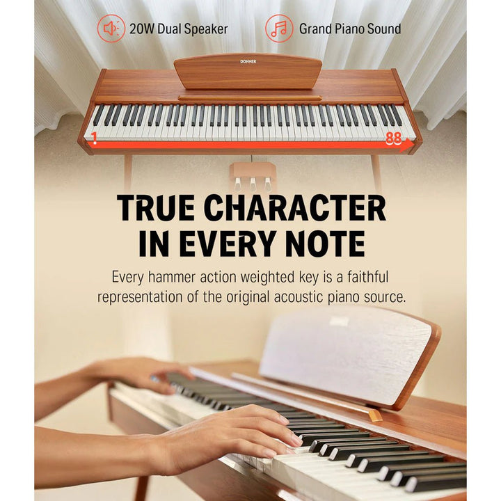 Donner DDP - 80 Digital Piano - Natural Wood Finish, 88 - Key Hammer Action Keyboard - Ev - Entz Music