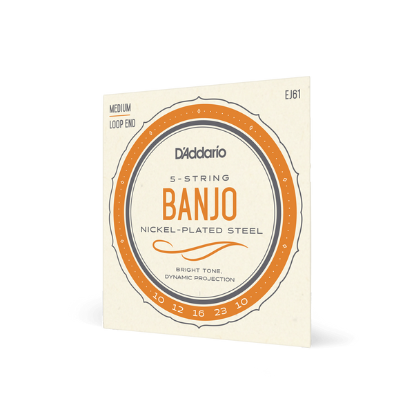 D’Addario EJ61 5-String Banjo Strings – Medium 10–23 (Loop End, Nickel-Plated Steel)