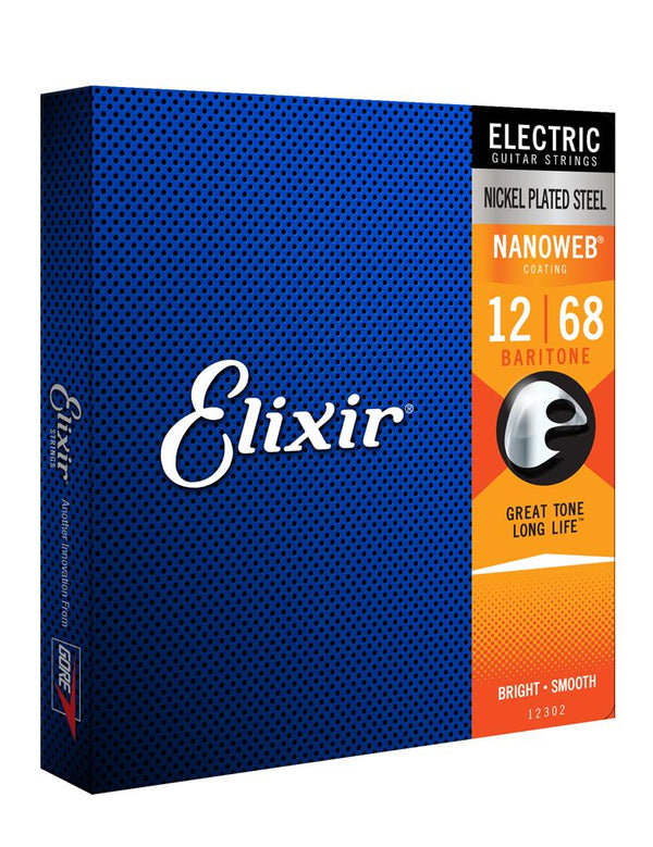 Elixir E12302 Baritone Electric Guitar Strings – NANOWEB Coated, Nickel-Plated Steel, .012–.068 Gauge