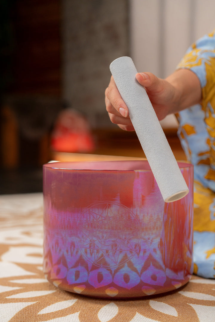 Detailed shot of the suede mallet used to play the Essence Solfeggio Crystal Singing Bowl.