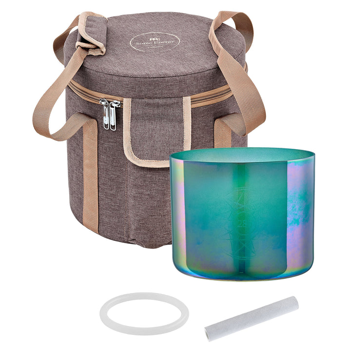 Full view of the Meinl Sonic Energy 6.75" Essence Solfeggio Crystal Singing Bowl with carrying bag and suede mallet.