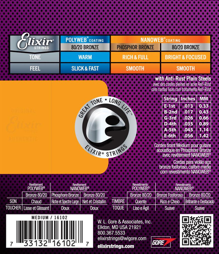 Elixir 16102 Strings Phosphor Bronze Acoustic Guitar Strings w NANOWEB Coating, Medium (.013 - .056) - Ev - Entz Music