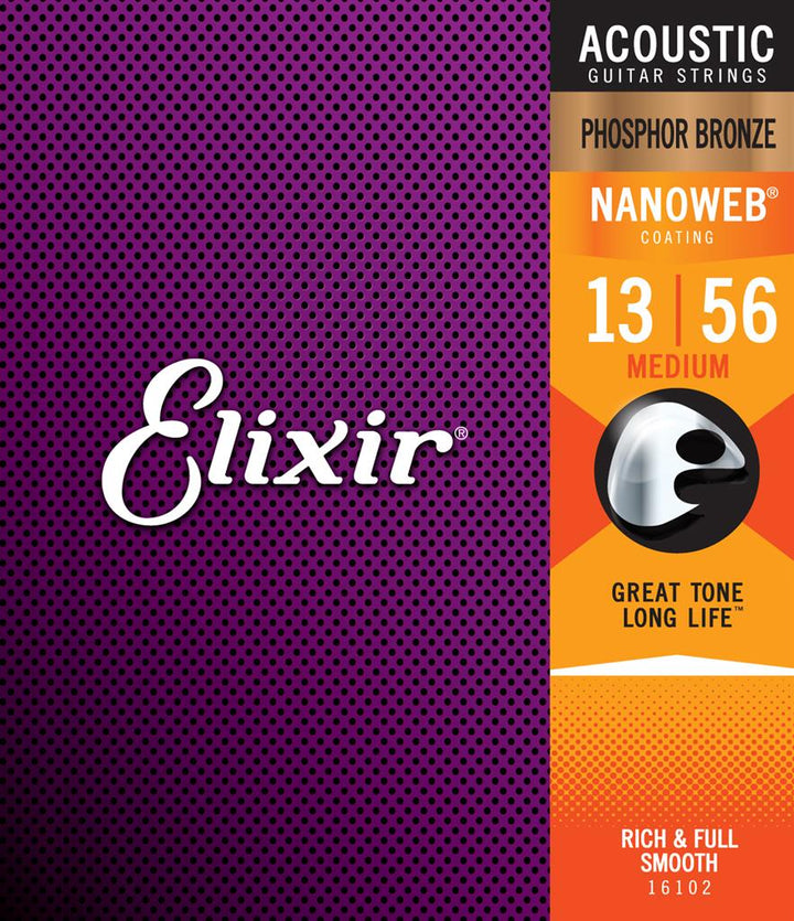 Elixir 16102 Strings Phosphor Bronze Acoustic Guitar Strings w NANOWEB Coating, Medium (.013 - .056) - Ev - Entz Music