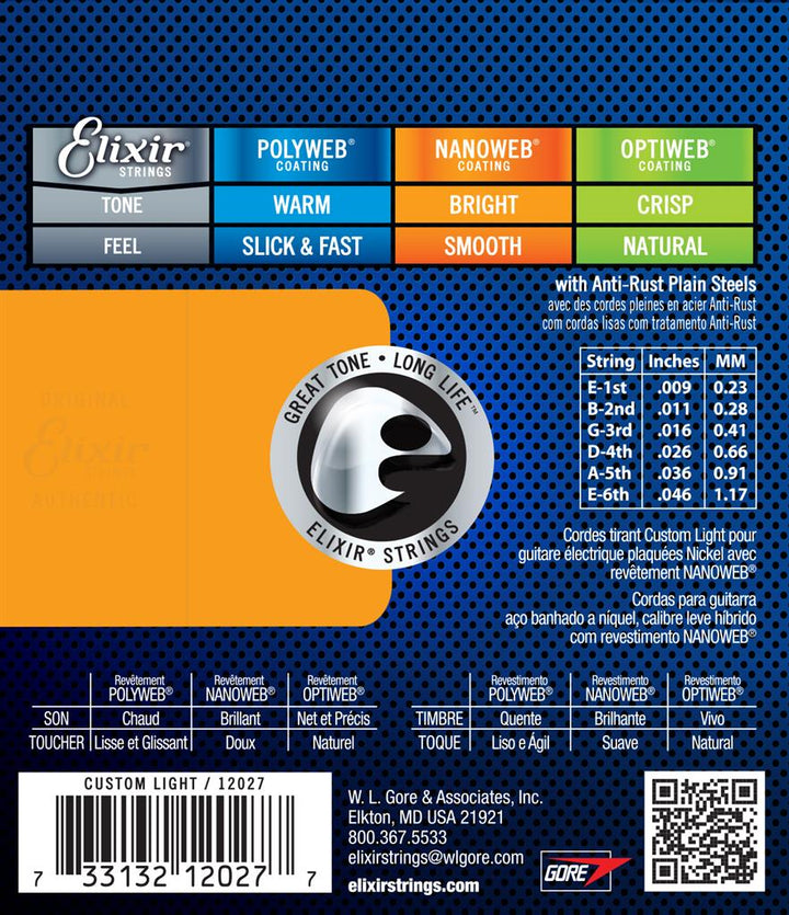 Elixir Nanoweb Custom Light Electric Guitar Strings 9 - 46 - Ev - Entz Music