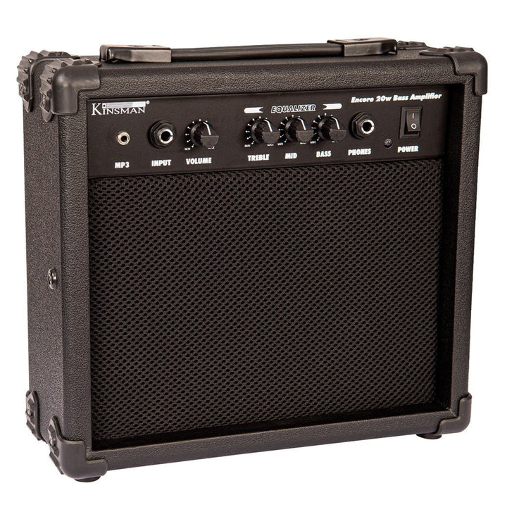 Encore Blaster E40 Bass Guitar Pack with Kinsman 20W Bass Amp, Accessories (Strap, Tuner, Picks, Strings) & Free Online Lessons - Vintage White - Ev - Entz Music