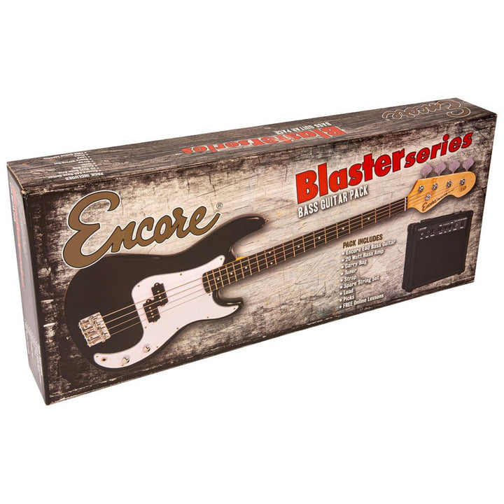 Encore Blaster E40 Bass Guitar Pack with Kinsman 20W Bass Amp, Accessories (Strap, Tuner, Picks, Strings) & Free Online Lessons - Vintage White - Ev - Entz Music