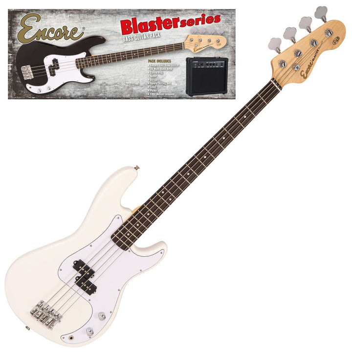 Encore Blaster E40 Bass Guitar Pack with Kinsman 20W Bass Amp, Accessories (Strap, Tuner, Picks, Strings) & Free Online Lessons - Vintage White - Ev - Entz Music
