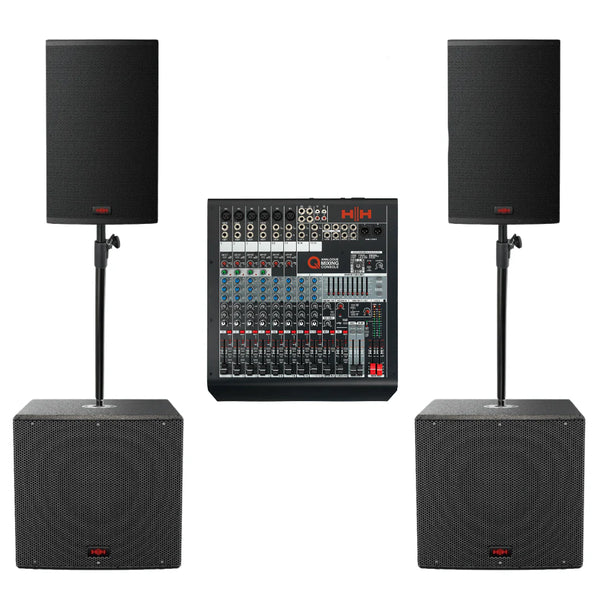 HH Tensor PA System Bundle – 2x TRE-1201 + 2x TRS-1500 + Q12FX Mixer + HHPS200B Stands (SKU: HH-BUNDLE7)