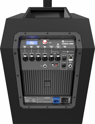 “Back panel of EVOLVE 50M showing mixer and input options”


