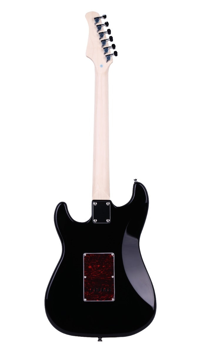  Rear view of the Gould ST Style Electric Guitar in Black, showing the bolt-on maple neck and contoured body.