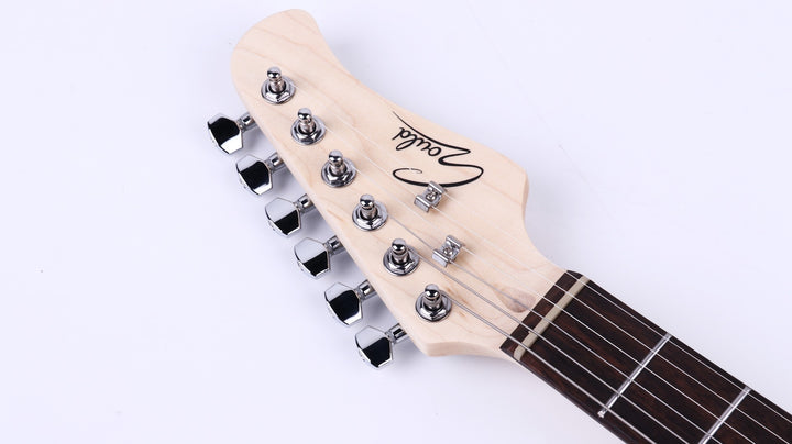 Headstock of the Gould ST Style Electric Guitar in Black, featuring chrome die-cast machine heads.