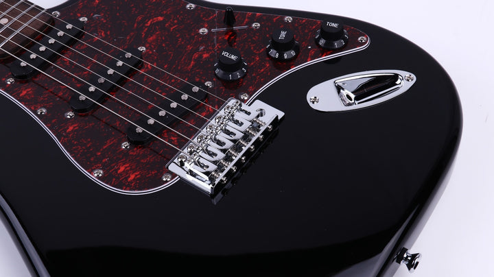 Close-up of the Gould ST Style Electric Guitar in Black, highlighting its chrome hardware and pickup configuration.