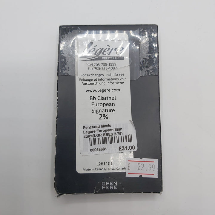 Legere European Signature Bb Clarinet Reed 2.75 - Ev - Entz Music