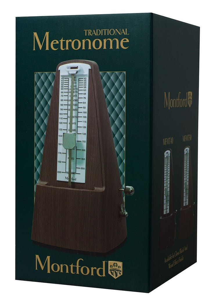 Front view of Montford MFMT40 metronome with clear cover

