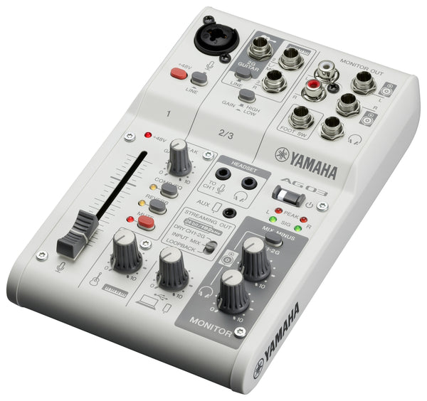 Yamaha AG03MK2 3-Channel Live Streaming Mixer with USB Audio Interface, for Windows, Mac, iOS and Android, in White