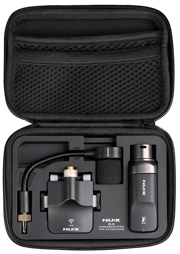 NUX B - 6 Wireless Saxophone System – 2.4GHz Digital Transmission with Custom Gooseneck Mic, Rechargeable Power Case, and Voicing Modes for Tenor, Alto, and Soprano Saxophones - Ev - Entz Music