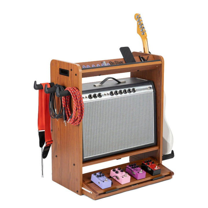 On - Stage Guitar Workstation ~ Rosewood - Multi - Functional Guitar Stand, Pedalboard, and Amp Stand - Ev - Entz Music