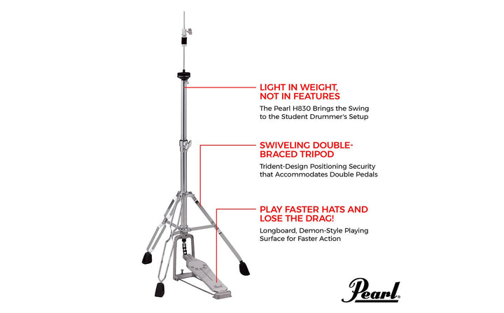 Pearl H830 Hi - Hat Stand – Sturdy and Lightweight Longboard Design for Drummers - BS - Ev - Entz Music