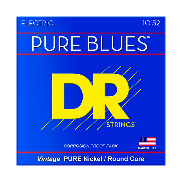 DR Strings Pure Blues Electric Guitar Strings – Medium to Heavy (10–52), Pure Nickel Round Core – PHR1052